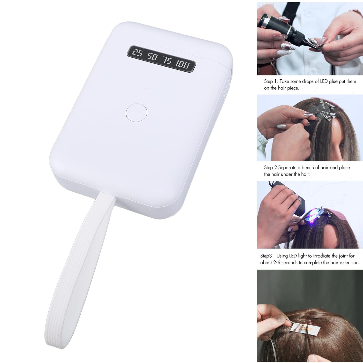 V Light Hair Extension Machine, 6Pcs 405nm LED Beads Handheld Lamp for Fast Curing Wig, Rechargeable Portable Extension Tool with 5000mAh Battery and Battery Display