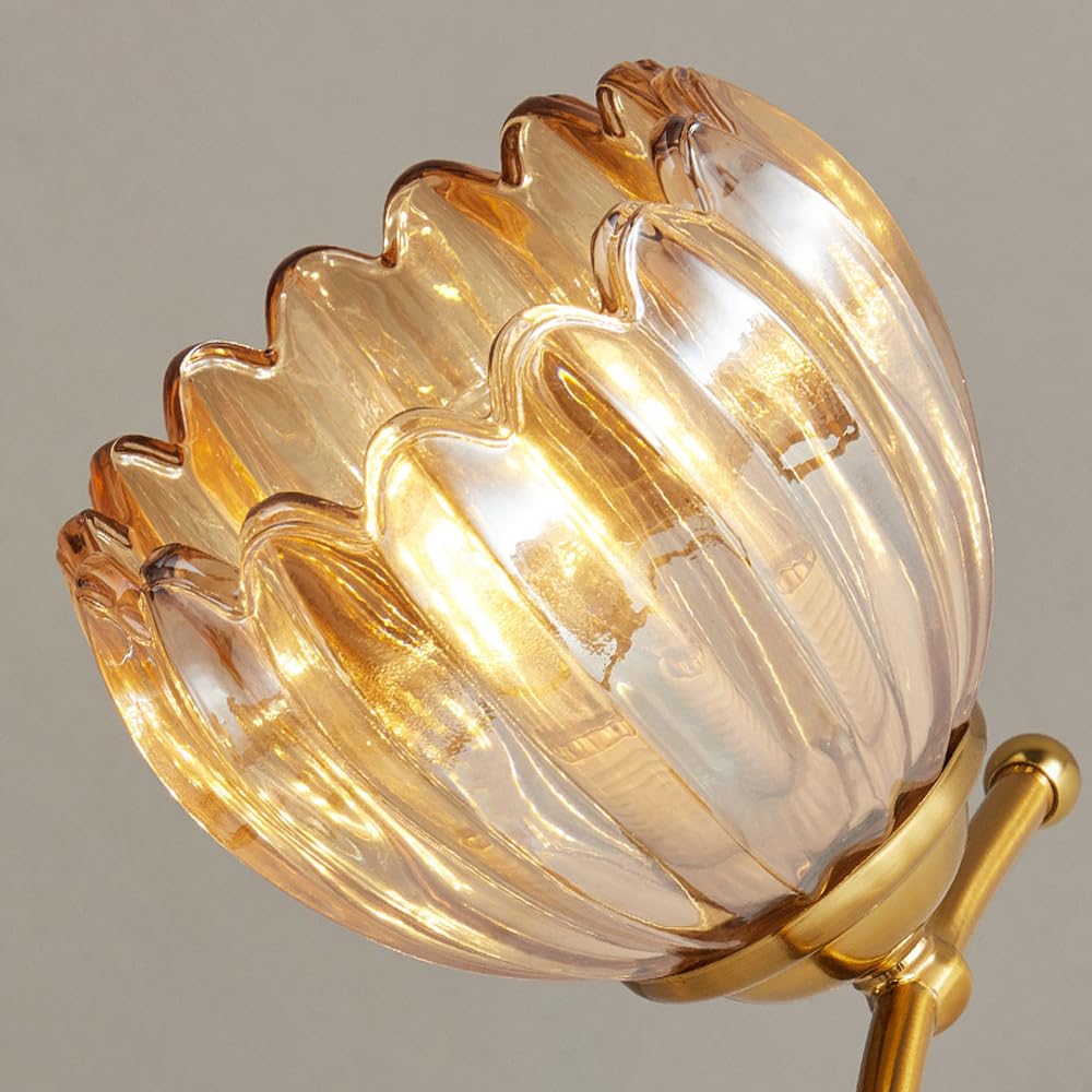 QTHWB Amber Tulip Glass Chandelier with Wood Base Mid-Century for Living Room, Dining Room & Bedroom