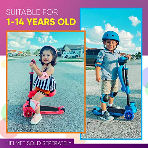 Hurtle 3-Wheeled Scooter For Kids - Wheel Led Lights, Adjustable Lean-To-Steer Handlebar, And Foldable Seat - Sit Or Stand Ride With Brake For Boys And Girls Ages 1-14 Years Old - Blue #TOP1