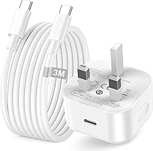 iPhone 17 16 15 Fast Charger Plug, 20W USB C Charger and Charging Cable Type C for iPhone 17 Air/16E/16 Plus/16 Pro/16 Pro Max/15/15 Plus/iPad Air Mini, USB C Plug UK Power Adapter with 3M USBC Cable