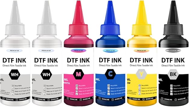 DTF Ink 600ML DTF Transfer Ink for PET Film, Premium Pigment Ink Refill, High Fluidity & Coverage (100ML*6, 2W+BKCMY)