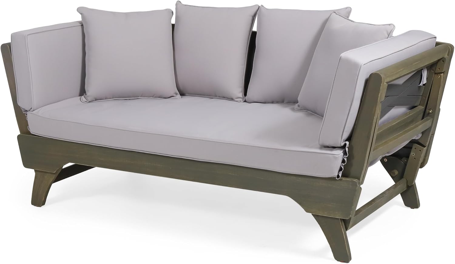 Serene Daybed with Acacia Wood Frame, Fabric Cushions, Expandable, Slatted Design, Water-Resistant Cushions, Full Size, Grey, 65.00W x 30.50D x 27.25H in
