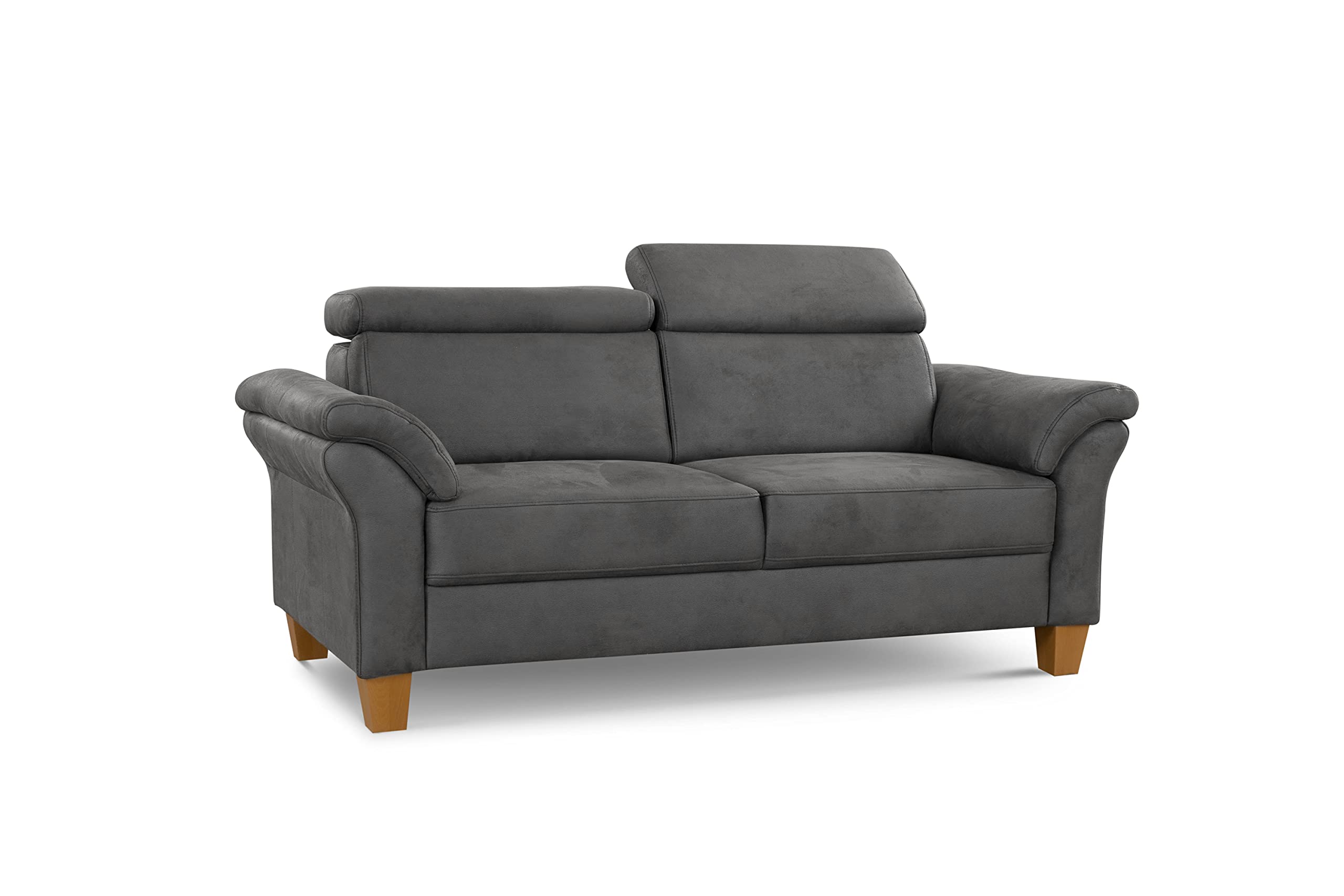 Cavadore 3-Sitzer-Sofa Ammerland / 3er-Couch im Landhausstil mit Federkern + verstellbaren Kopfstützen / 186 x 84 x 93 / Wildlederoptik, Grau