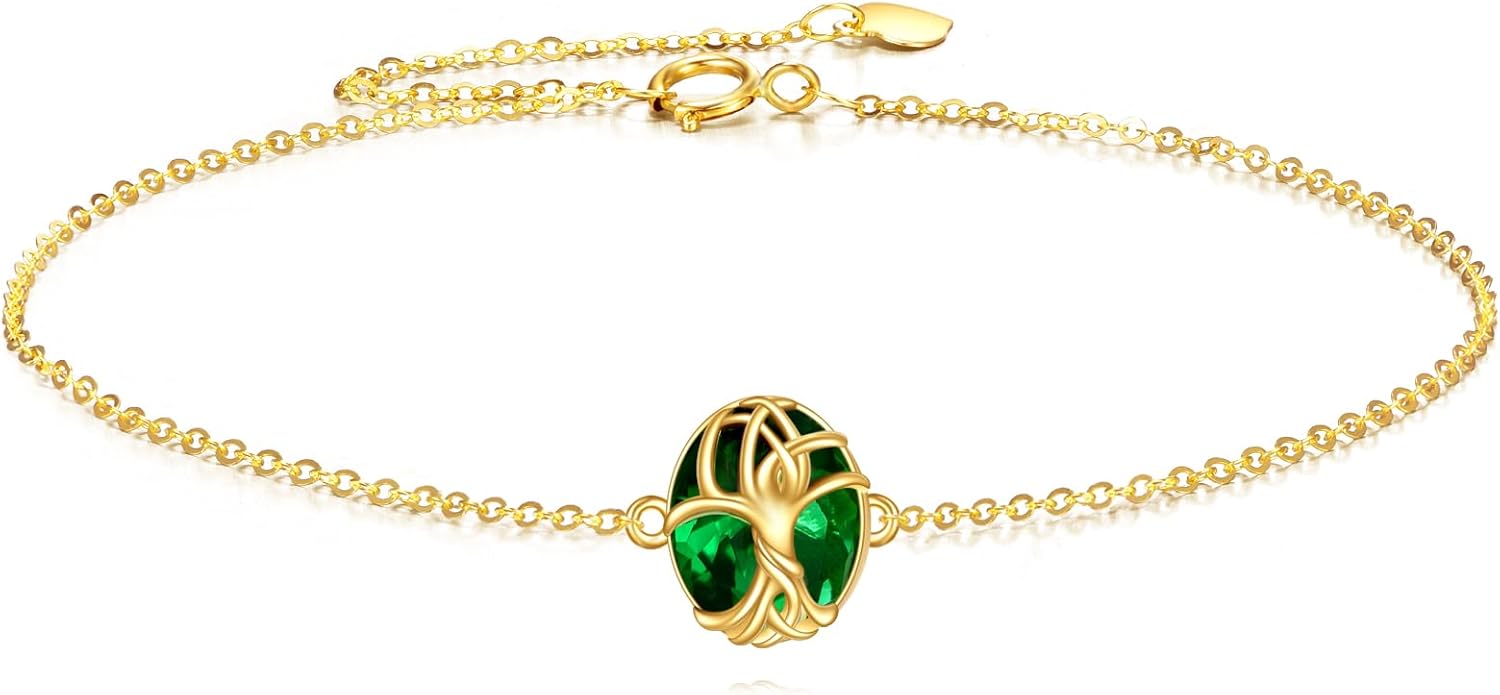 DOVRAN 14K Solid Gold Tree of Life Bracelet for Women Real Yellow Gold Emerald/Opal Bracelet Jewelry Birthday Gifts for Wife Mom