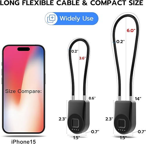 Miniatura 6 de eLinkSmart Cerradura de cable de huellas dactilares, grillete de 3.6 pulgadas de largo, pequeño sin llave, biométrico, impermeable, Bluetooth,