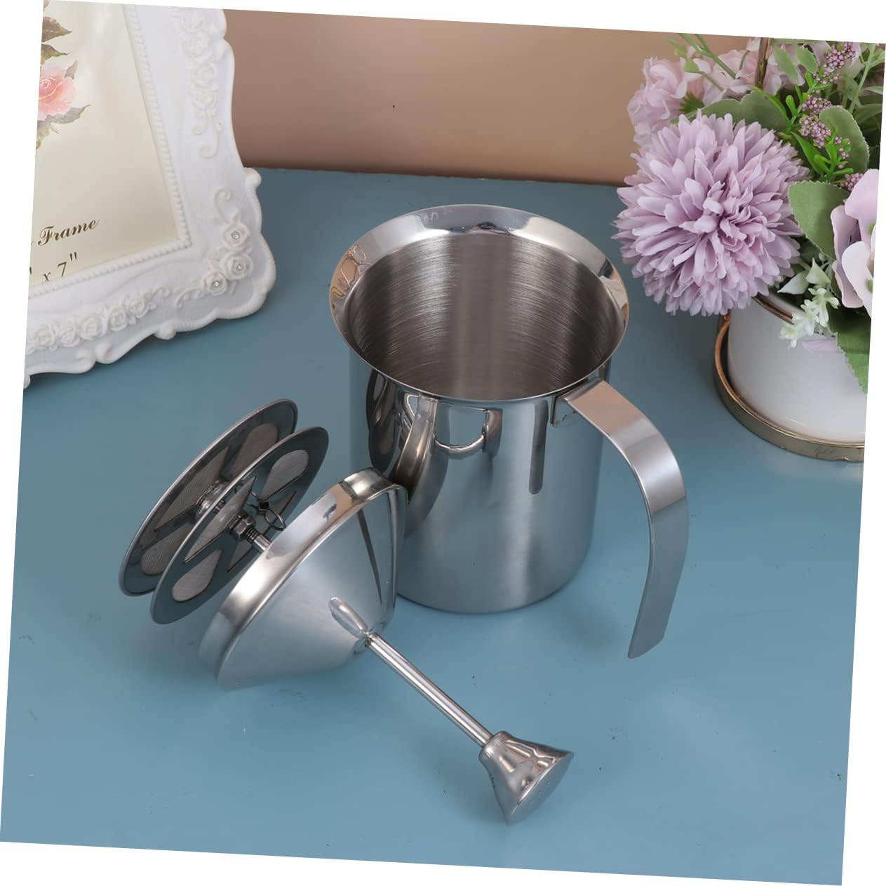 800cc Stainless Steel Milk Frother Pitcher Handheld Milk Bubbler Double Layer Filter Screen for Thick Froth for Home and Coffee Shop Use