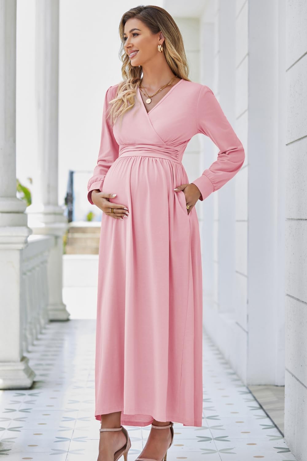 OUGES Fall Maternity Maxi Dress Long Sleeve Wrap V Neck Baby Shower Pregnancy Dresses for Photoshoot Maternity Clothes - Image 2