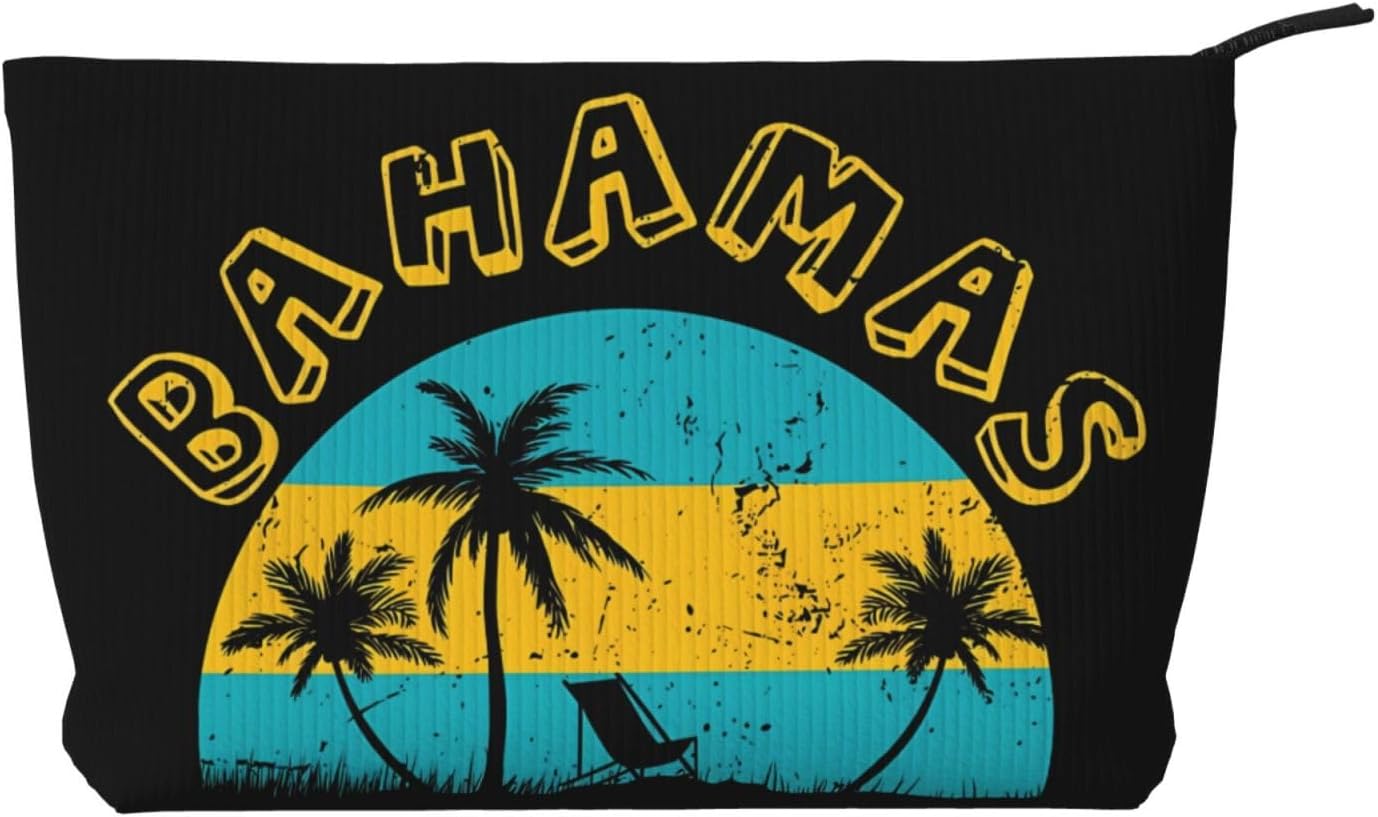Proud Bahamas Bahamians Flag Portable Makeup Bag Corduroy Cosmetic Bags Travel Purse Pouch Makeup Brushes Skincare Storage Bag Toiletry Organizer Bags with Zipper