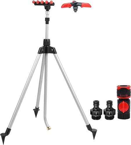 Eden 95144EDAMZ Trípode de altura ajustable y rociador giratorio  Cabezal de niebla 2 en 1 y rociador de 3 brazos, rango de 360, paquete de conexión