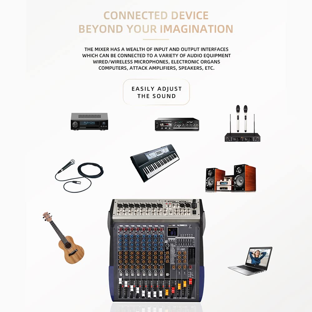 Mixer professionale a 8 canali per la registrazione di musica da palcoscenico DJ, karaoke, unità USB, ingresso registrazione computer, controller DJ con jack microfono XLR, alimentazione phantom 48 V