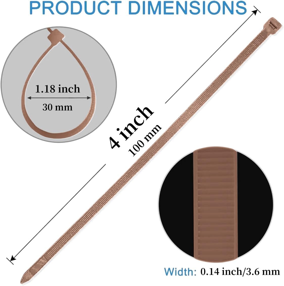 100 PCS Small Cable Ties 4 inch, 40lbs Tensile Strength, Self Locking Nylon Zip Ties, UV & Heat Resistant, for Indoor and Outdoor Use Brown