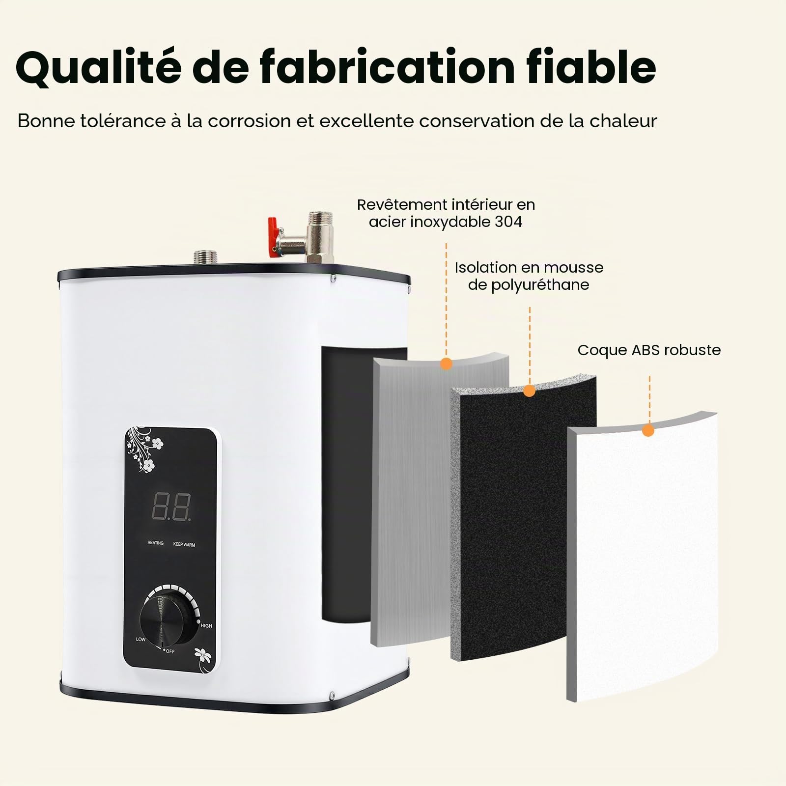 Réservoir d'eau chaude 8 l - 1500 W - Petit réservoir d'eau chaude résistant à la pression avec fonction thermostop - Chauffe-eau sous table - Température réglable de 0 à 65 °C - Pour cuisine et salle