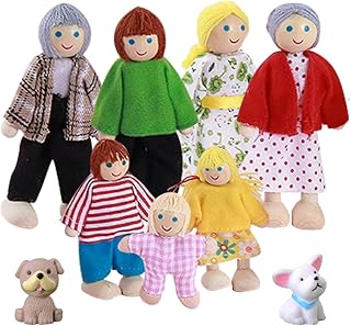 Famille de Poupée en Bois, 9Pcs Personnages de Maison de Poupée avec Chien, Set de Famille en Bois pour Maison de Poupées, pour Accessoires de Jeu de Rôle et Cadeau