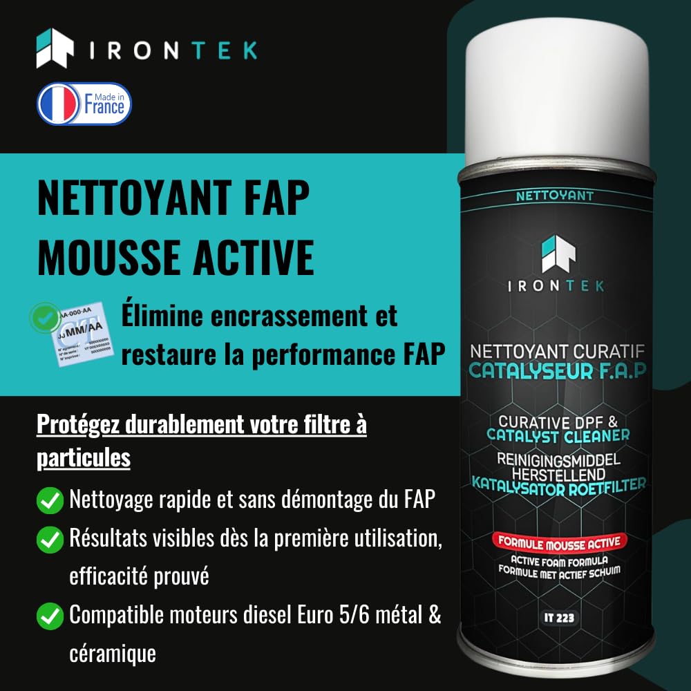 Nettoyant FAP Diesel 400ml - IRONTEK | IT223 | DPF Cleaner + Buse Injection | sans Démontage | Débouche Filtre à Particules Curatif | Formule Mousse Active Professionnelle