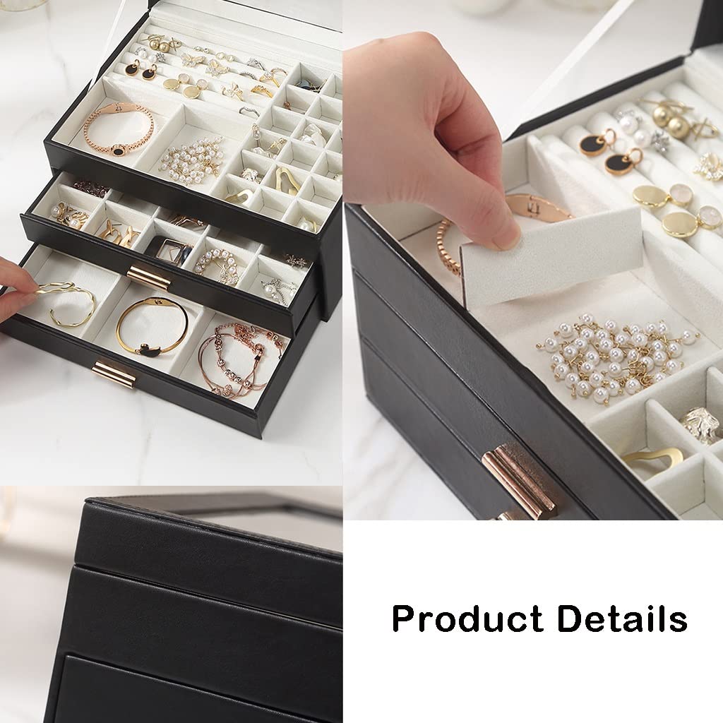 Organisateur Bijoux Avec Portes Verre Boîte à Bijoux Rotative 360° - 5 Tiroirs Bois - Porte Verre - Organisateur Colliers/Boucles Organisateur Bijoux Bois