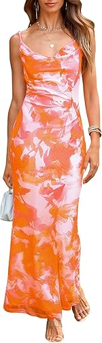 PRETTYGARDEN Vestido largo de verano para mujer, con tirantes delgados, estampado floral, elástico, sexy, entallado, sin espalda, vestido largo sin