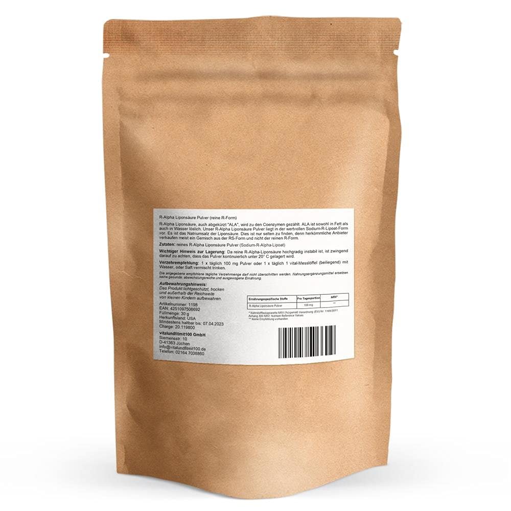 REINE R-Alpha Liponsäure 30 g - R ALA hoch bioverfügbar und vegan - reine R-Form! - Gentechnikfrei - Ohne Hilfs- und Zusatzstoffe