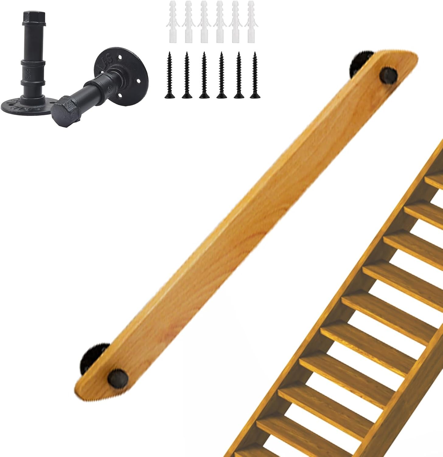 Indoor Stair Entry Wooden Handrail, D-Style 5.2m/17ft/204.7in, Wall