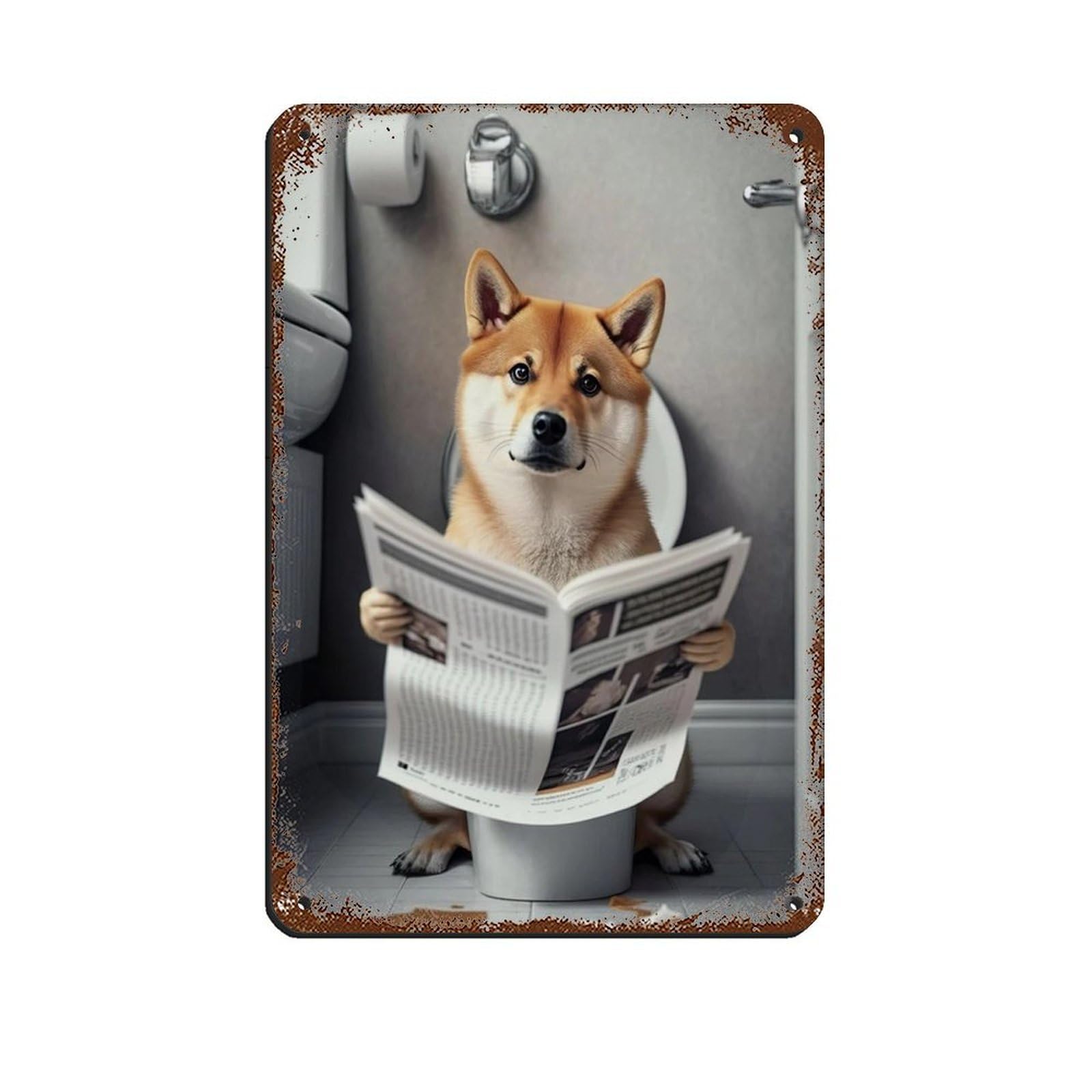 Shiba Inu Sitting on The Toilet Reading A Newspaper Tin Sign Vintage Metal Pub Club Cafe Bar Home Wall Art Decoration Poster Retro 8x12inch(20x30cm)