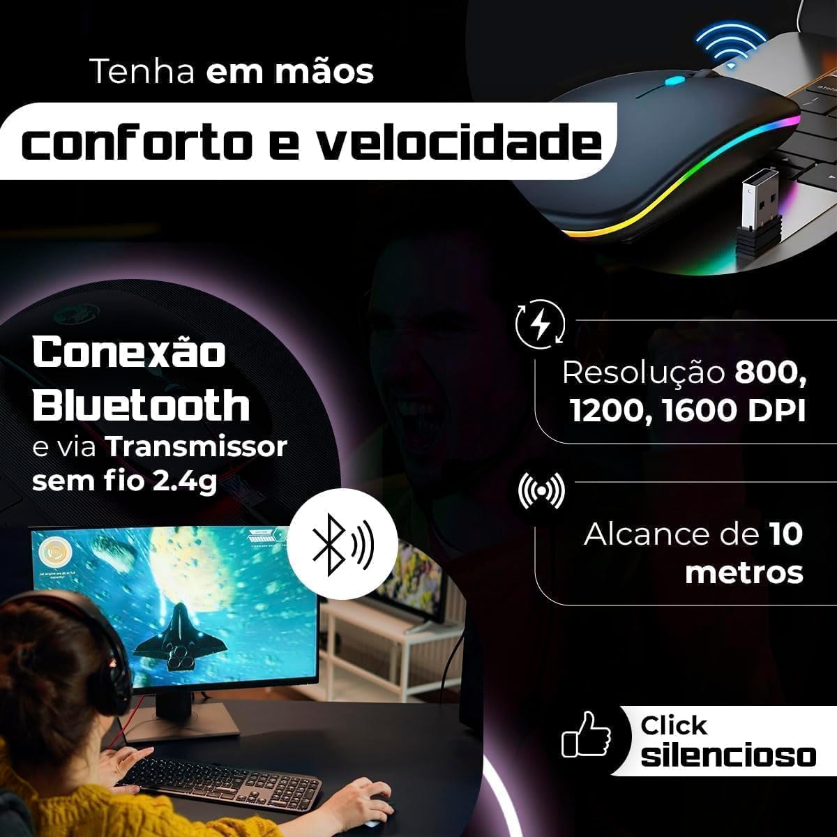 Mouse Sem Fio Recarregável Wireless Bluetooth Optico Led Rgb Colorido Ergonômico Usb 2.4 Ghz Notebook Computador Pc Desktop Linha Premium - Cores Sortidas