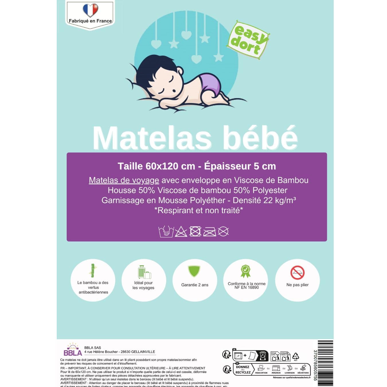 Easy Dort - Materac podróżny dla niemowląt 60x120 cm Praktyczny materac, bez zagnieceń i podziałów 120x60x5 cm