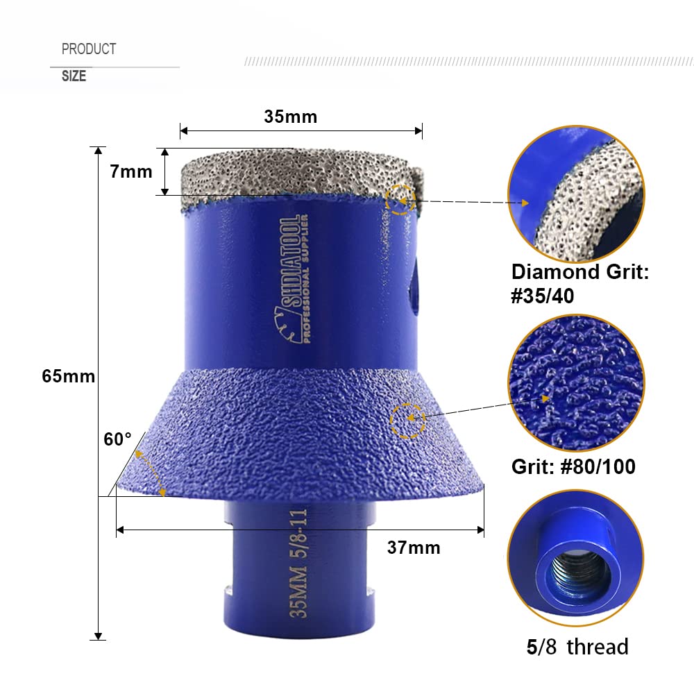 SHDIATOOL Diamond Core Hole Saw for Tile Porcelain Drilling Coring Bits for Bevelling Chamfer Marble Ceramic Granite for Angle Grinder 1-3/8 inch (2-Pack)