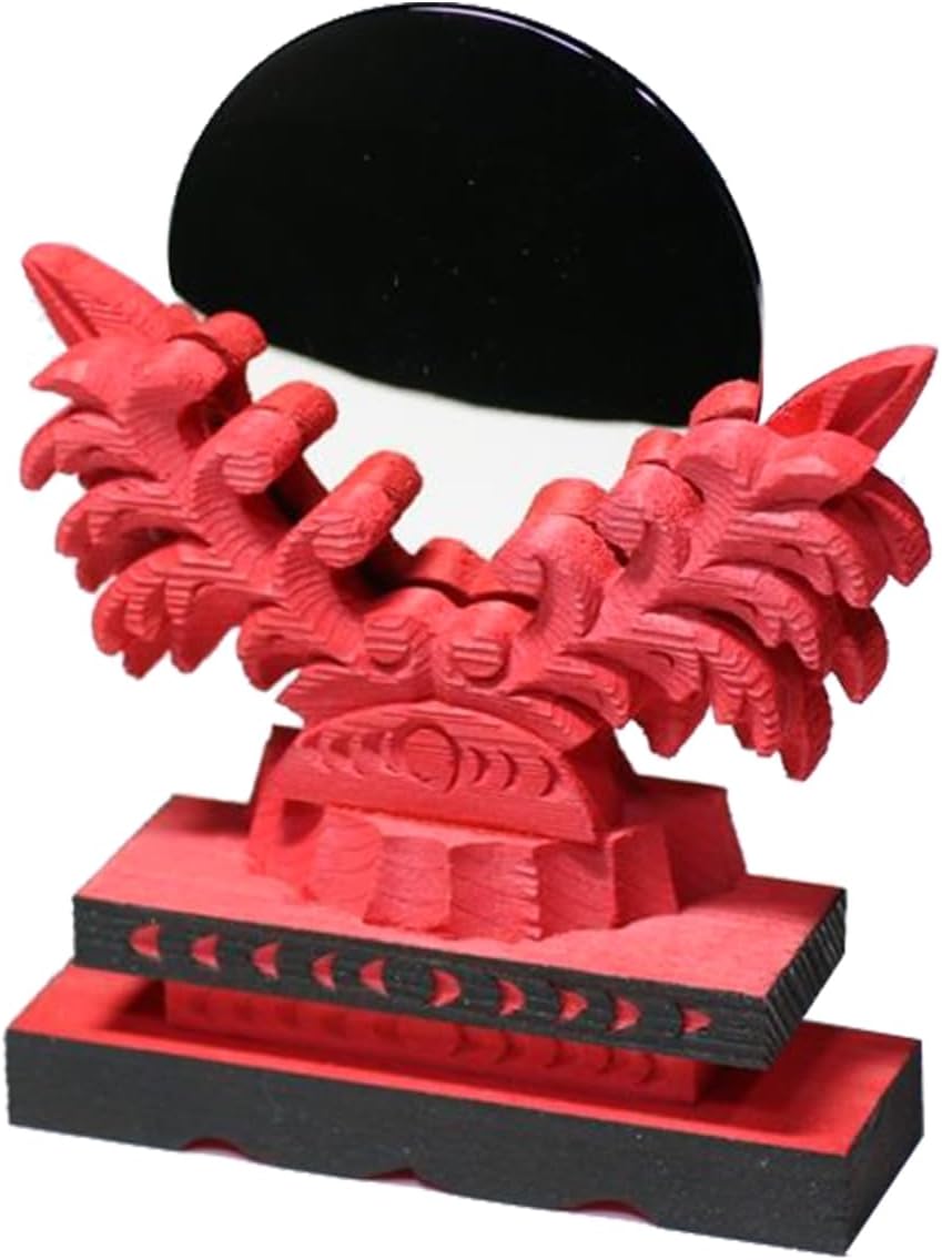 Yamako Shinto Divine Mirror Antimony On Carved Wood Pedestal Inari Red