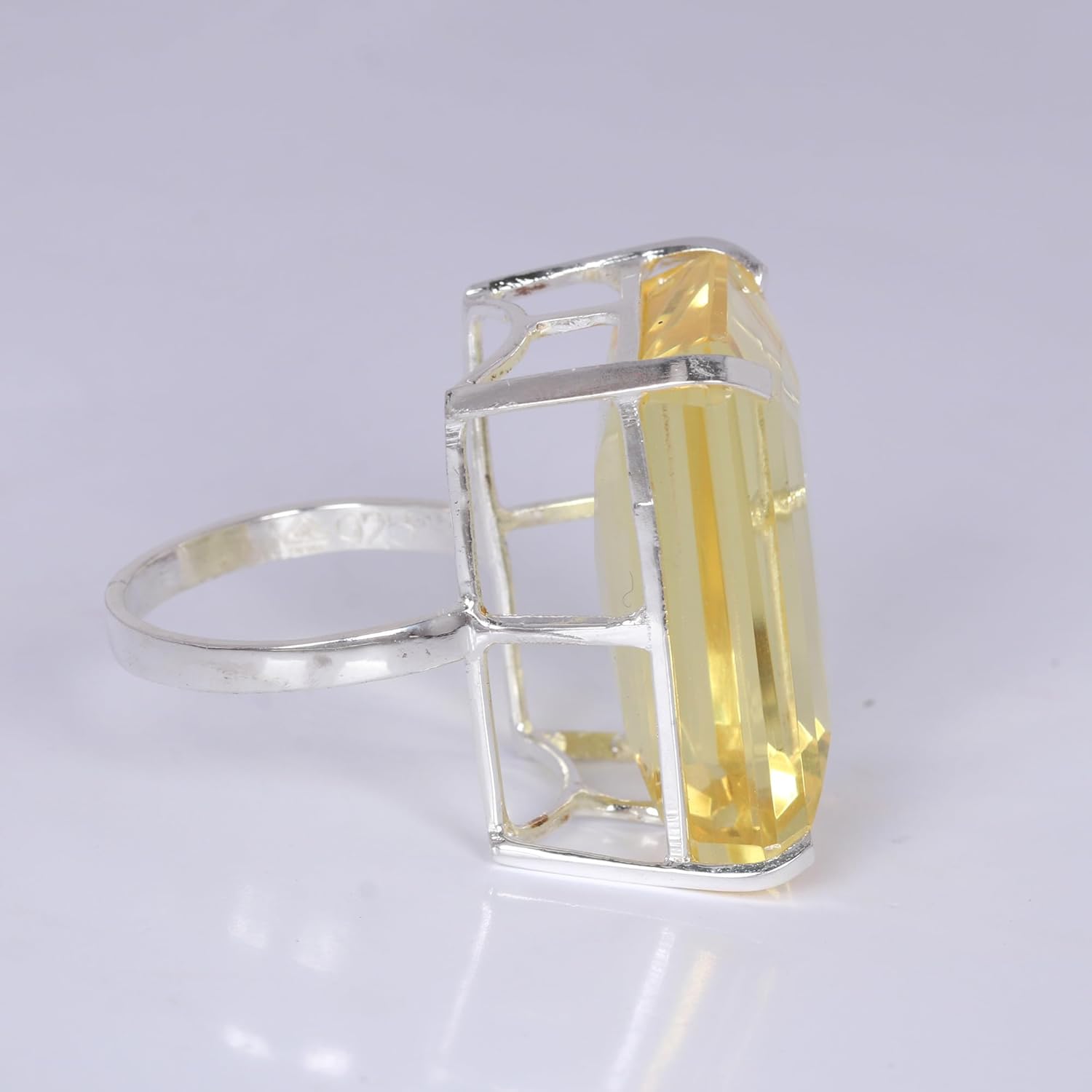 REAL-GEMS 925 Silver Lab Made Light Yellow Citrine Emerald 83 CARAT Ring for Statement Breathtaking Statement Piece Large Size Ring