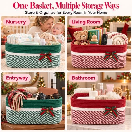 OIAHOMY Woven Storage Basket with Bow-Knot Handles, Green — 사진 7