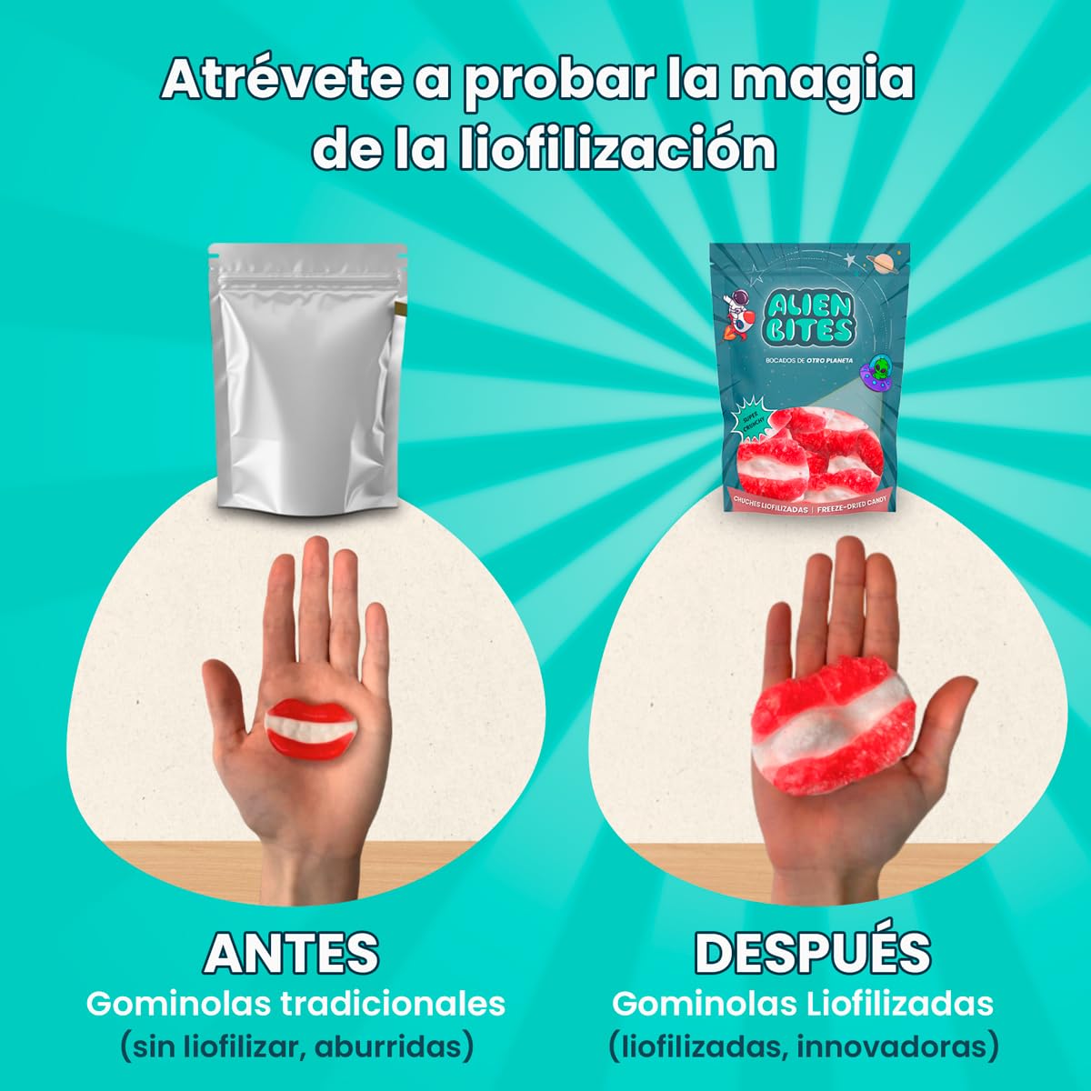 Alien Bites Pack de 4 Bolsas de 50g Chuches Liofilizadas Gominolas Freeze Dried Sin gluten