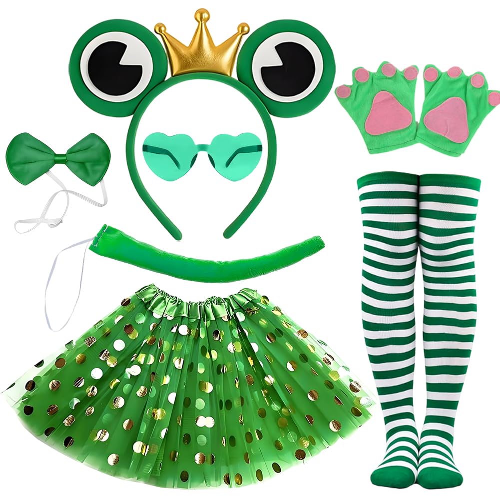 Frog Costume Set, 7Pcs Green Frog King Costumes with Ears Headband Tail Bow tie Tutu Skirt, Heart Sunglasses Socks & Gloves for Girls Women Animal Carnival Cosplay Halloween Fancy Dress Party