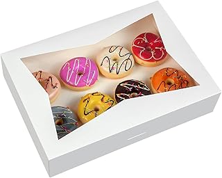 SOROO 15-PACK White Pastry Bakery Box 16x11x2.75inch,Large Donuts,Muffins,Cookies Boxes with PVC Window Auto-Pop up Paper Box Nature Cardboard Take Out Container,Hold 12 Donuts,Pack of 15