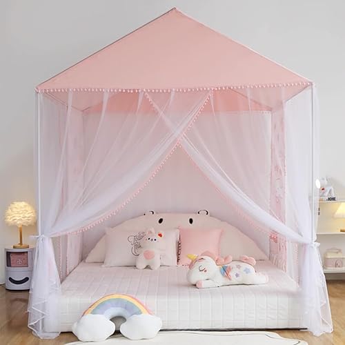 Miniatura 7 de Akiky Toldo de cama con castillo de princesa pompón para interiores y exteriores, no incluye postes de cama (individual, rosa)