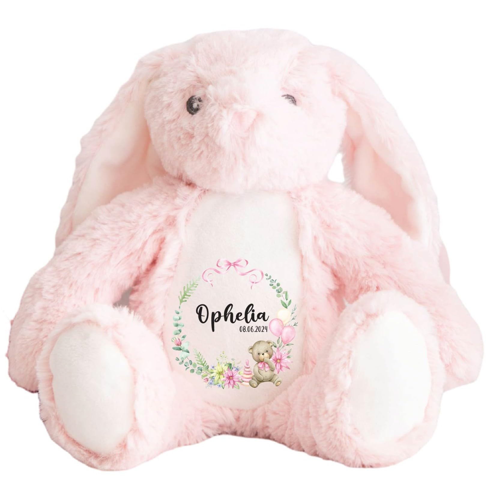 Crafted Memories - Personalised Soft Toy | Customisable Name Teddy for Newborns & Kids | Ideal for Christening, 1st Birthday, Baby Shower, Xmas | Newborn Girls | Pink Wreath | 20-23cm