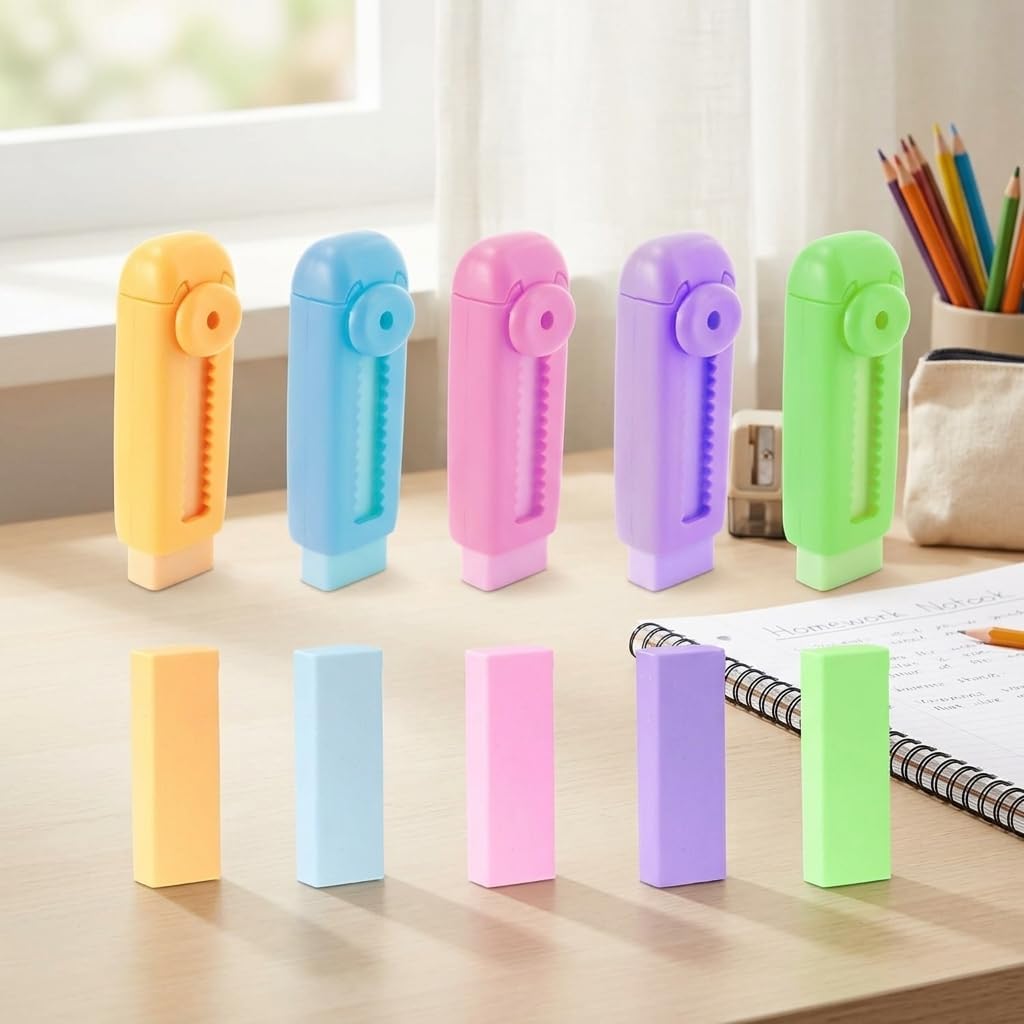 Retractable Pencil Eraser with Holder Push Pull Refillable Set
