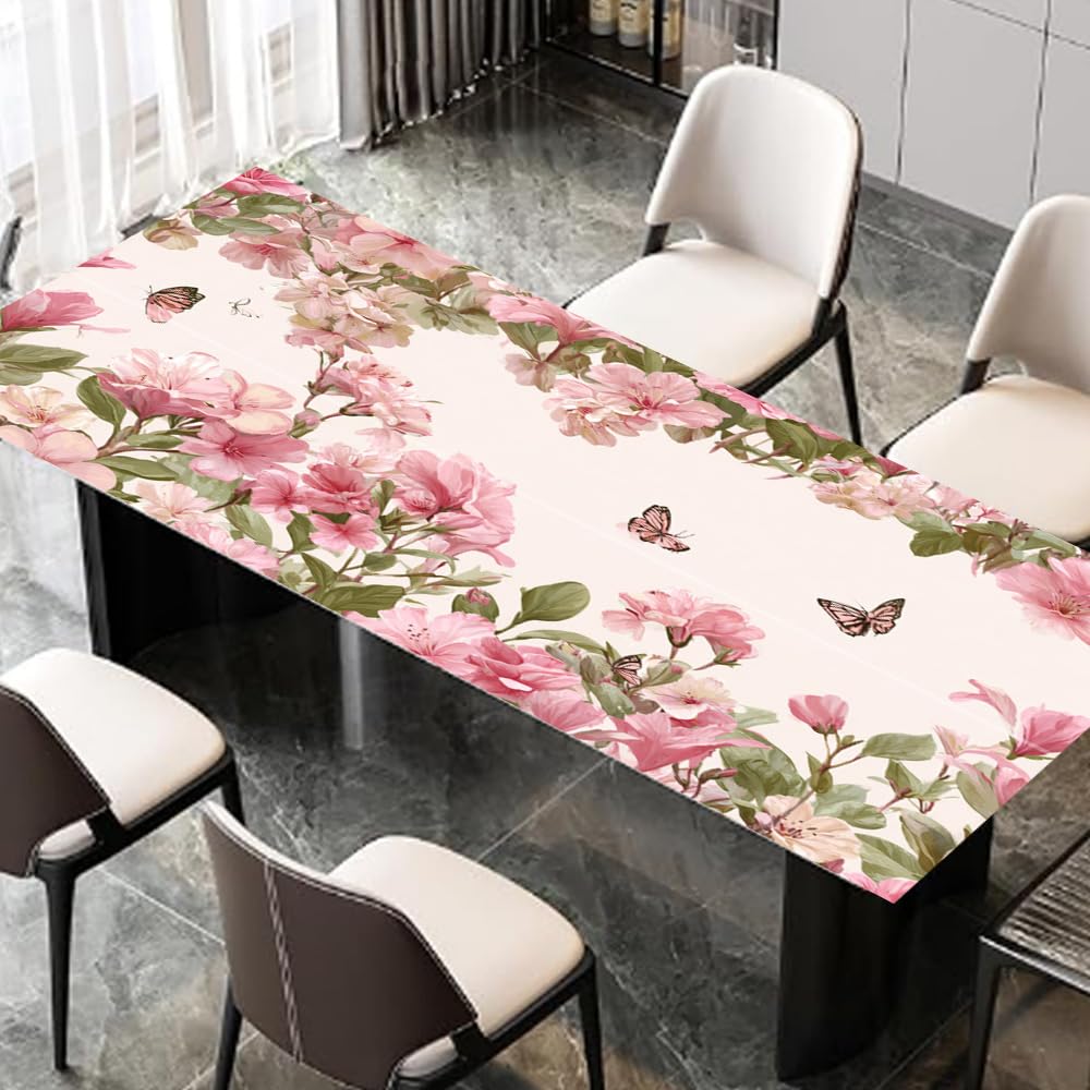 Pink Floral Butterfly Desk Sticker, Spring Flower Desktop Decor, Waterproof Table Surface Protector for Home Office, 39.37x23.62 Inch