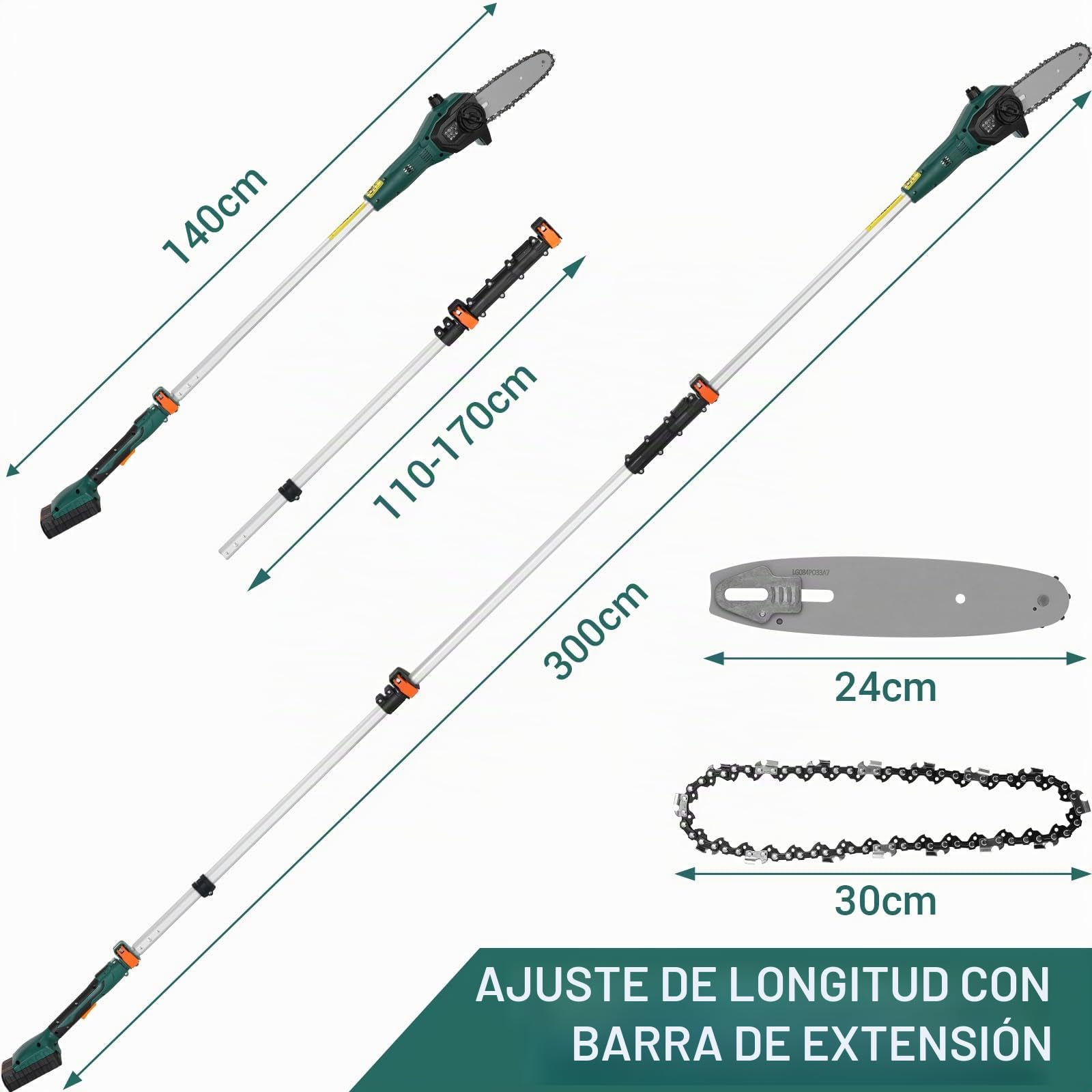 Podadora de Pértiga, Podadora de Altura, Sierra Telescópica Eléctrica, Batería 20V 2,5Ah y Cargador Rápido, Velocidad de Cadena 6m/s,Espada de Corte de 24cm, Autoengrasado, Varilla de aluminio, Ligera