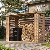 Holz Kaminholzregal TIMBELA M202 - Brennholzregal B232xL146xH199 cm/ 2.63m2 Holzhalter für Garten - Fahrrad Schuppen - Wasserfestes Dach