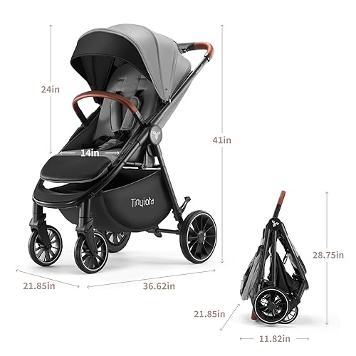 Miniatura 5 de Tinyiota Cochecito para bebés, cochecitos para niños pequeños con toldo grande UPF 50+, cochecito de bebé de lujo con mango de cuero y asiento