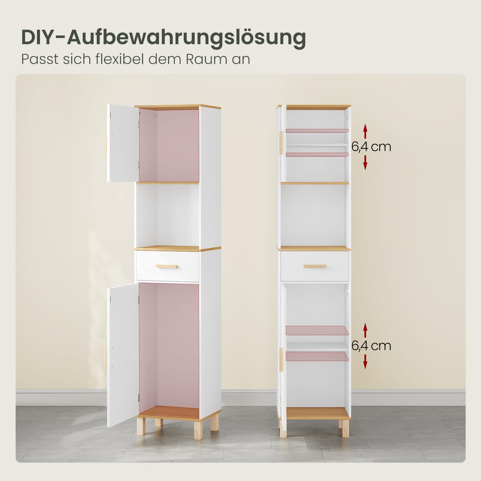 EUGAD Badezimmerschrank,Hochschrank, Badschrank mit 5 Fächern 1 Schublade, weiße Kommode im Badezimmer, Schrank mit verstellbaren Trennwänden, weiß 40x180x30 cm