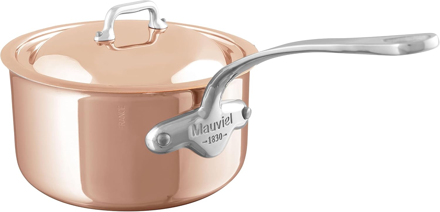 Mauviel M’6S 6-Ply Polished Copper & Stainless Steel Sauce Pan With Lid, And Cast Stainless Steel Handle, Suitable For All Types Of Stoves, 2.6-qt, Made In France