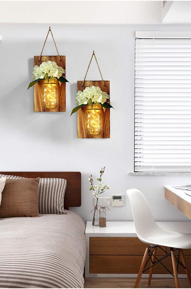 Rustic Hanging Mason Jar Sconces,2 Set Mason Jar Lights with Battery Powered Fairy Firefly Led String Jar Lights,Silk Hydrangea Flowers Handmade Wood with Hemp Rope,Mason Jar Wall Decor Lights