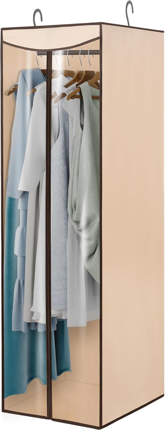 Garment Bags for Hanging Clothes Storage, Long Garment Cover with Zippered Clear Window for Closet Wardrobe Clothes Rack Organizer, Hanging Garment Bags for Dresses, Suits, 1 Pack, Beige