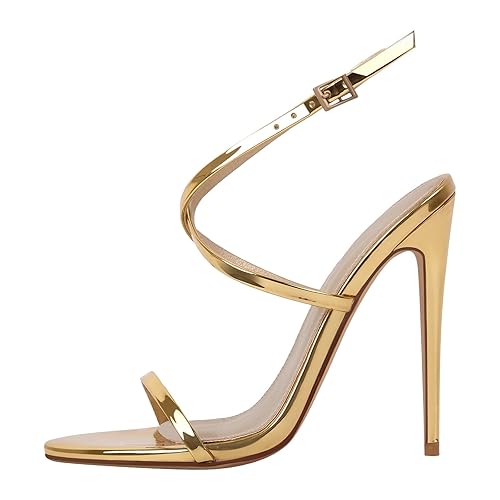 onlymakerheels Strappy High Stiletto Heels, Ankle Strap Buckle Heeled Womens Sandals, Sexy Comfort Open Round Toe Heels for Daily Party Dress - 5 - Gold