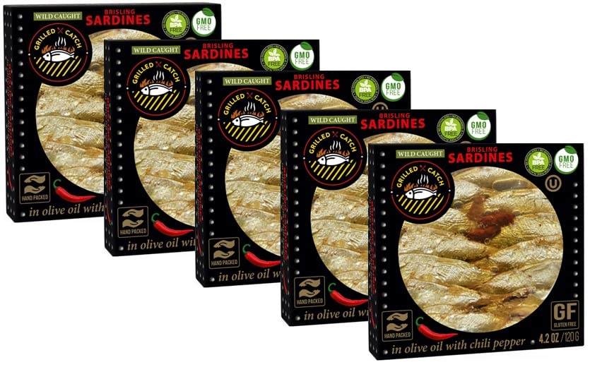 Grilled Catch Wild Caught BRISLING SARDINES in olive oil 4.2 oz/120g, pack of 5, Product of Latvia (Chili Pepper)