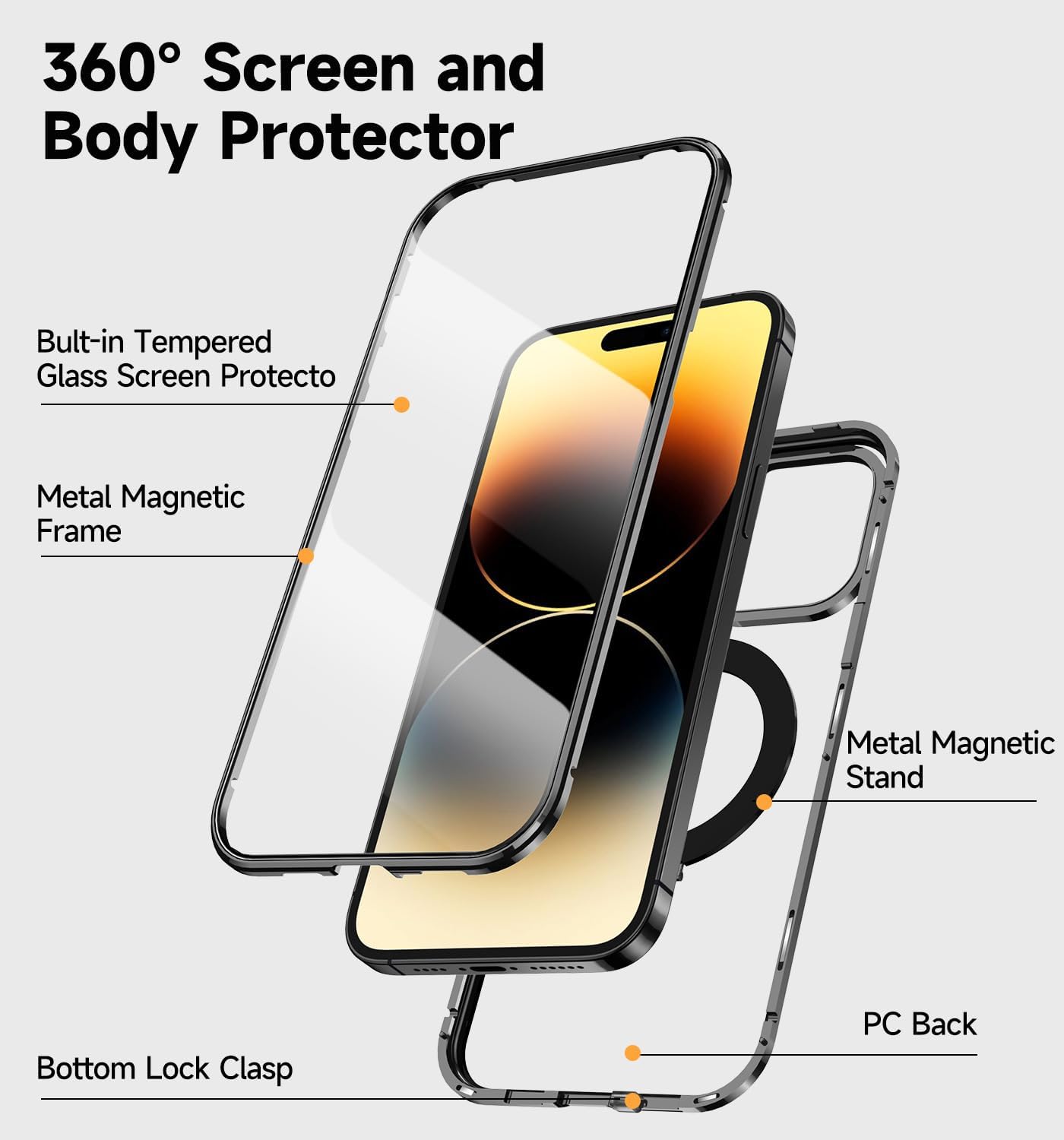 MAGIC JOHN for iPhone 14 Pro Max case 6.7 inch, Full-Body Protection Cover with Magnetic Stand [Front 9H Tempered Glass Cover] Metal Bumper [Compatible with Magsafe] Military-Grade Protection, Black