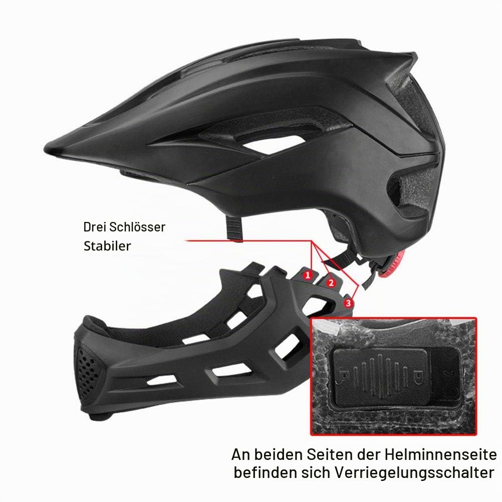 Kinder-Fahrradhelm, Kinder-Skateboard-Helm, 2-in-1-Kinder-Vollgesichts-Fahrradhelm Kinder BMX Dirtbike-Skateboard mit abnehmbarem Kinnschutz (schwarz)