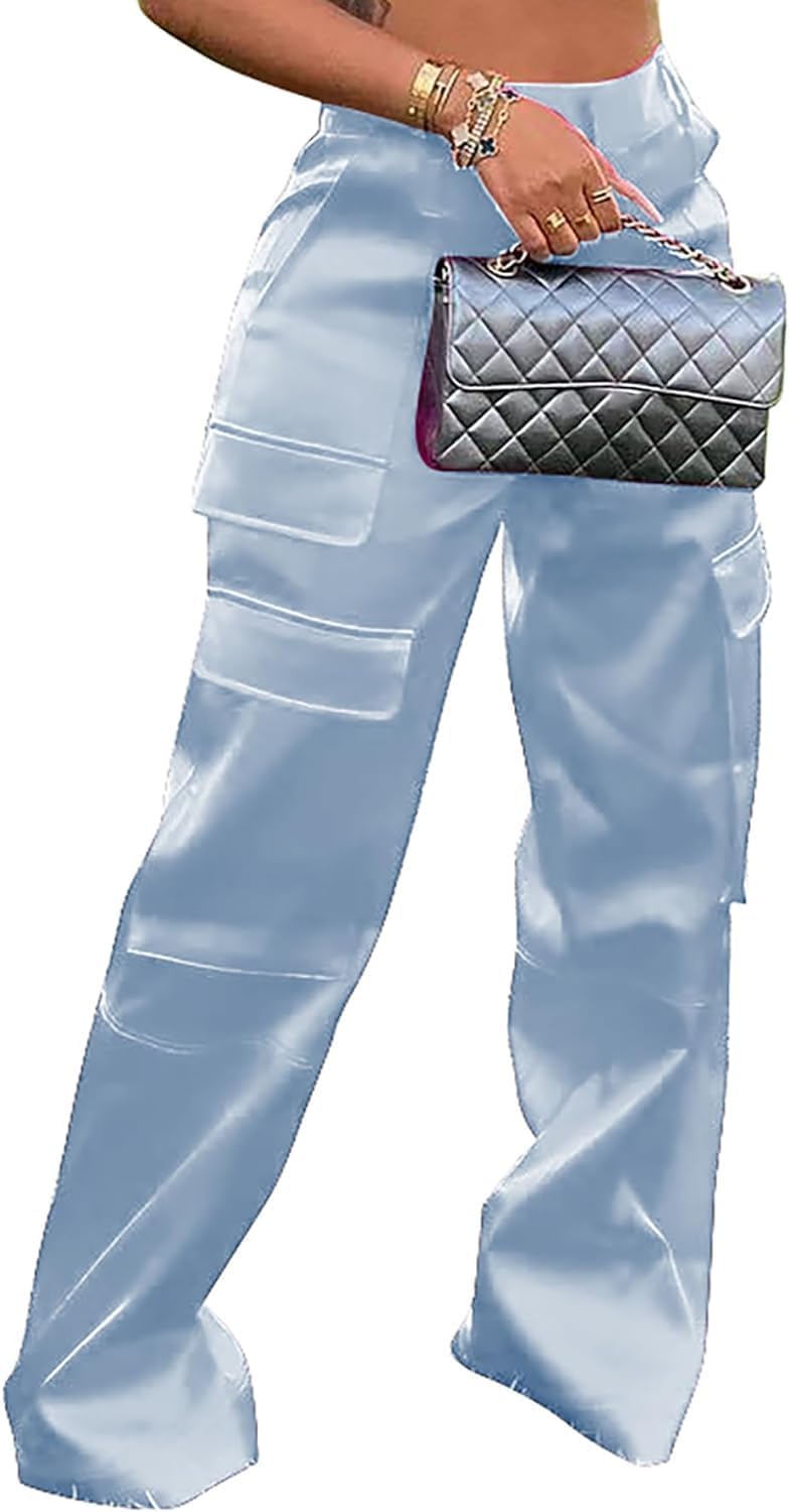 Satin Cargo Pants for Women High Waisted Multiple Pockets Wide Leg Trouser