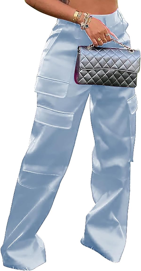 SENGRICH Satin Cargo Pants for Women High Waisted Straight Wide Leg Trouser Metallic Leather Pants Multiple Pockets Light Blue XXL by SENGRICH - Used condition - US$31.63