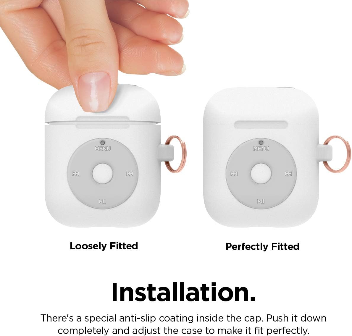 elago AW6 Case Designed for Apple AirPods Case 1 & 2 with Keychain, Classic Music Player Design Case, Durable Silicone Construction, Supports Wireless Charging [US Patent Registered] (White)